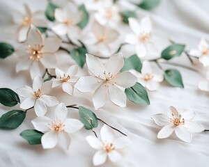 Elegant White Clay Floral Arrangement with Gold Accents on Clean Background, Handmade Craftsmanship