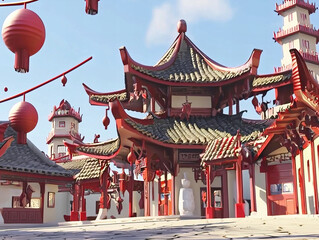Obraz premium Colorful traditional Asian architecture against bright blue sky decorated with lanterns during daylight