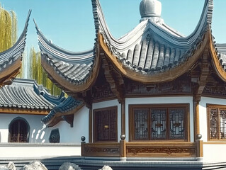 Traditional Chinese architecture showcased in a serene courtyard under bright blue skies