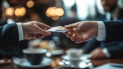 Business meeting, close-up of hands exchanging a business card