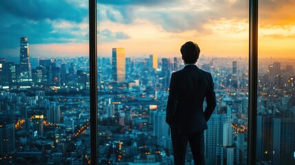 Fototapeta premium Businessman in a suit looking out of a skyscraper window, city in the background