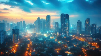 Cityscape at dusk, lights glowing in the buildings, urban skyline