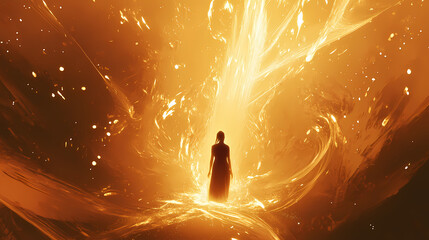 A warm toned mystical portrayal of a spirit rising with delicate golden light threads connecting to the form below evoking a sense of transcendence transformation. Transcendence - Space. Illustration