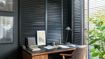 Modern home office with dark accents, wooden desk, and window view