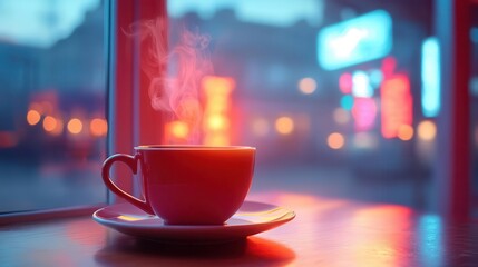 Coffee cup with steaming espresso, vibrant cafe atmosphere