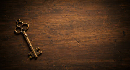 Vintage Metal Key in Rustic Wooden Keyhole Closeup