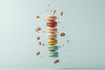 Colorful macarons floating in mid-air with crumbs on pastel background