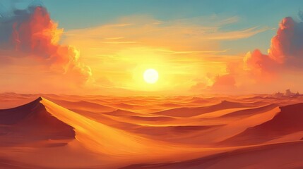 Desert landscape with rolling sand dunes, golden sunlight