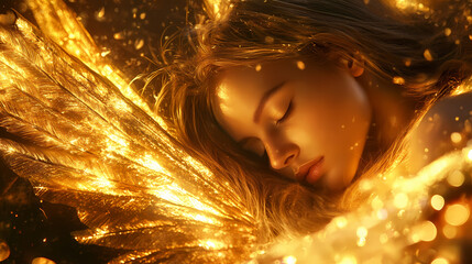 Close up of a woman resting with glowing golden wings of light symbolizing peace transcendence and the radiant energy of spiritual transformation and renewal. Transcendence - Space. Illustration