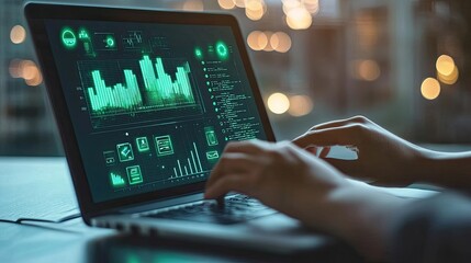 Person using laptop with glowing green data analytics charts and graphs on screen at night