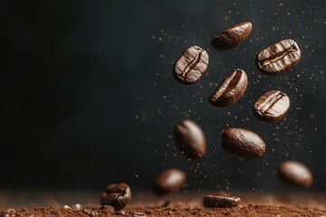 Roasted coffee beans falling on ground coffee with dark background