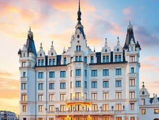 Classic European Style Hotel with Ornate Architecture and Stunning Sunset Sky