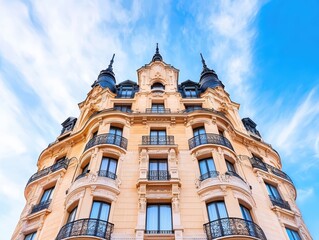 Obraz premium Elegant European Hotel Featuring Ornate Architecture and Scenic Sky Background