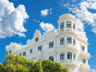 Classic European Hotel with Ornate Architecture Against a Blue Sky with Fluffy Clouds