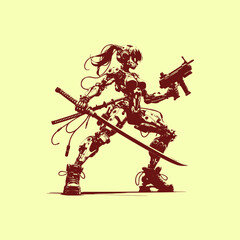 Fototapeta premium Cyberpunk Samurai Girl with weapon Futuristic Sci-Fi Warrior in High-Tech Armor