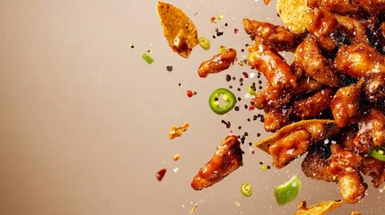 Delicious Fried Chicken Pieces Falling on Beige Background
