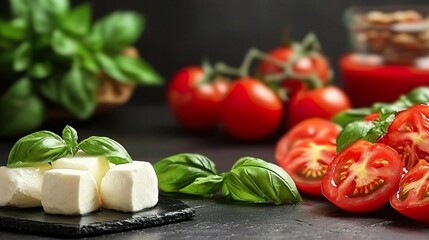 Fresh Ingredients for Caprese Salad with Basil and Tomatoes
