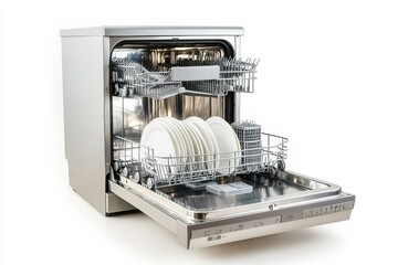 Stainless steel dishwasher with open door and clean dishes isolated on Transparent Background