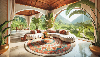 Luxurious tropical retreat with grand arched windows and plush decor.