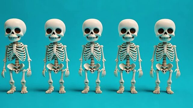 Four cartoon skeletons lined up on a turquoise background.  Possible use Halloween, education, children's book illustration