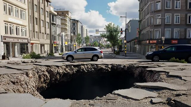 City street cracked by earthquake