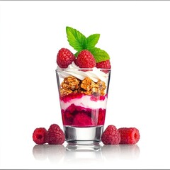Delicious Raspberry Dessert with Whipped Cream and Granola in a Glass Cup on White Background