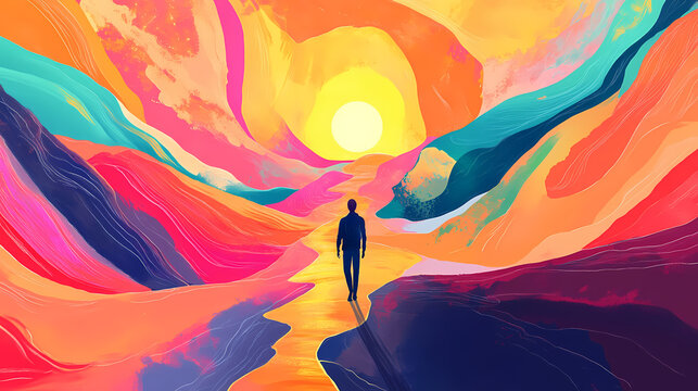 Mural showcasing the journey to nirvana with bright, abstract urban colors. Journey - Path. Illustration