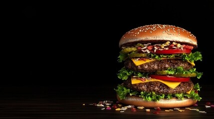 Delicious and Juicy Double Cheeseburger with Fresh Toppings on a Dark Background
