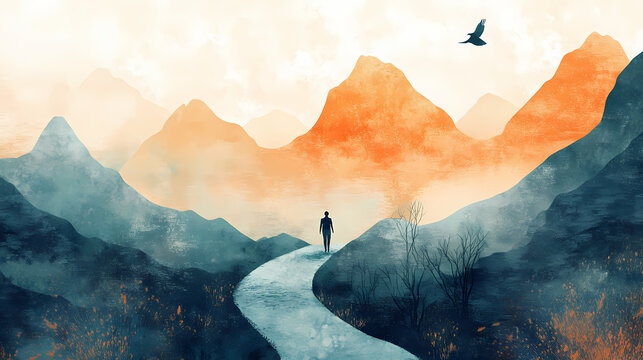 Symbolic representation of the journey from trauma to healing struggle and resilience illustrated. Journey - Path. Illustration