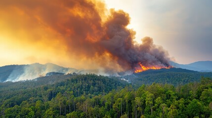 Intense Wildfire Spreading Through Dense Forest with Thick Smoke Billowing Into the Sky