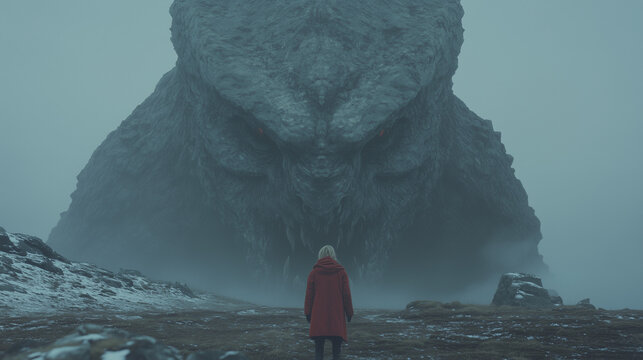Person Confronting Giant Monster in Fog