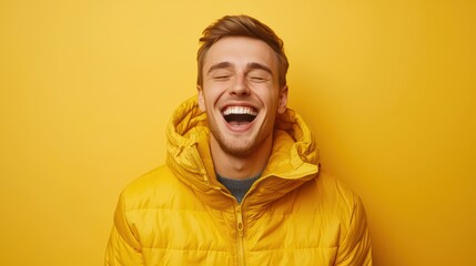 Obraz premium Happy Person Laughing in Yellow Jacket Against Bright Yellow Background
