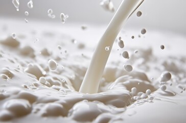 Smooth Flow of Fresh Milk with Splashes and Bubbles on a White Background Capturing Dairy Freshness and Creamy Texture in High Detail