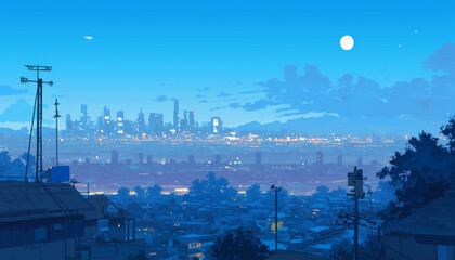 Futuristic city skyline at night viewed from a hillside neighborhood