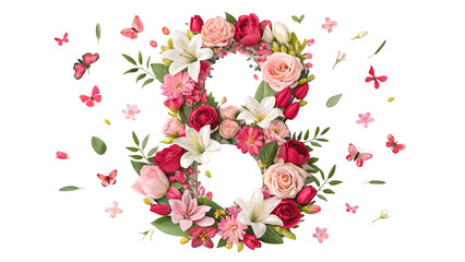 Number "8" made of fresh pink roses and green leaves for Women’s Day