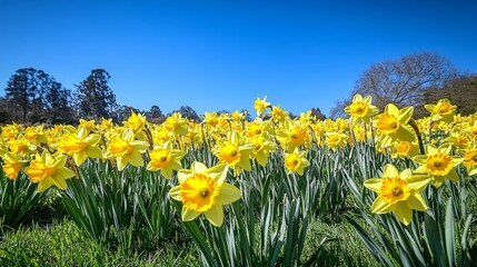 Fototapeta premium field of daffodils swaying in the gentle spring breeze under a clear blue sky