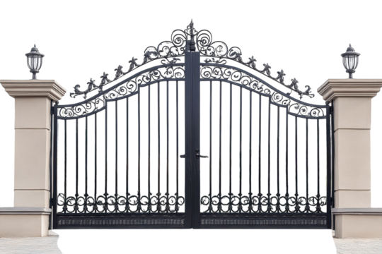 Elegant wrought iron gates open to a lush garden pathway lined with palm trees under a clear sky isolated on transparent background