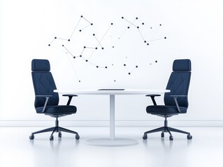 Obraz premium Modern conference room with two chairs and a minimalist design, featuring a geometric wall art