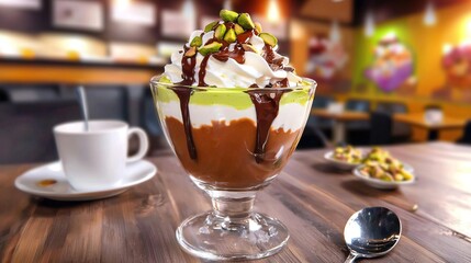 Delicious layers of chocolate and cream dessert topped with whipped cream and pistachios
