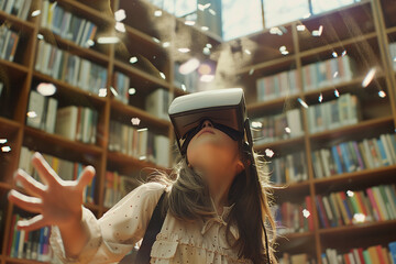 School student with VR headset using AI artificial intelligence technology & virtual learning. Augmented reality interactive technology. Smart tech innovation. Fun hologram in library education. 
