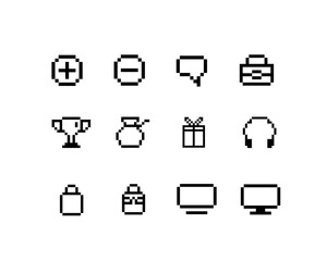 12 icons pixel, plus, mines, message, briefcase, trophy, coin sack, gift, headphone, shopbag, shopbag, computer, computer