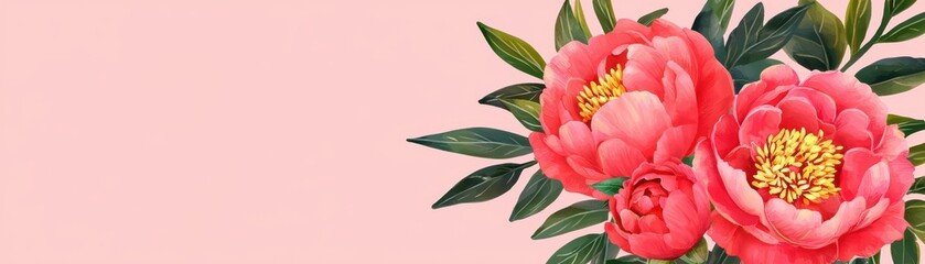 Fototapeta premium Beautiful Romantic Peony Flowers on Warm Pink Background for Elegant Decoration