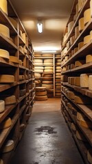 Fototapeta premium A cozy cheese aging cellar reveals rows upon rows of wheels and blocks of cheese maturing on wooden shelves. The warm lighting sets a rustic ambiance, inviting a sense of tasting tradition