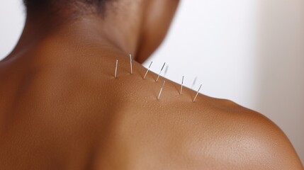 Macro View of Acupuncture Needles on Back for Healing and Wellness, Acupuncture needles on a back concept.