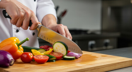 Chef Preparing Fresh Vegetables with Knife in Kitchen for Healthy Cooking and Meal Preparation