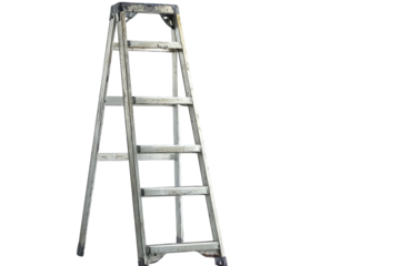 An old wooden ladder leans against a bright white background, recalling past projects isolated on transparent background