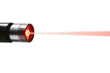 A close-up view of a laser pointer emitting a vibrant red beam against a neutral backdrop isolated on transparent background
