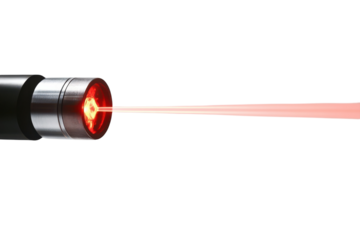 A close-up view of a laser pointer emitting a vibrant red beam against a neutral backdrop isolated on transparent background