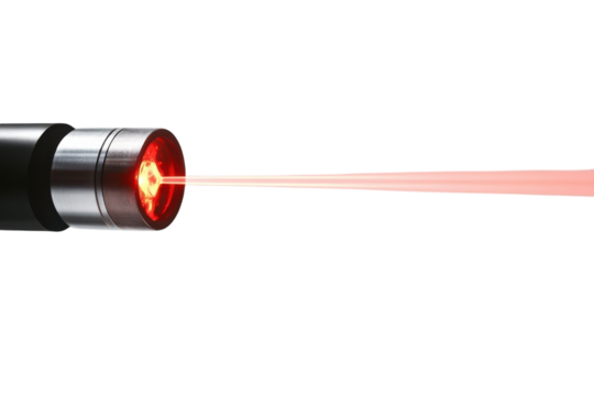 A close-up view of a laser pointer emitting a vibrant red beam against a neutral backdrop isolated on transparent background