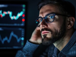 Stock Market Trader Analyzing Financial Data with Charts in a Dark Room
